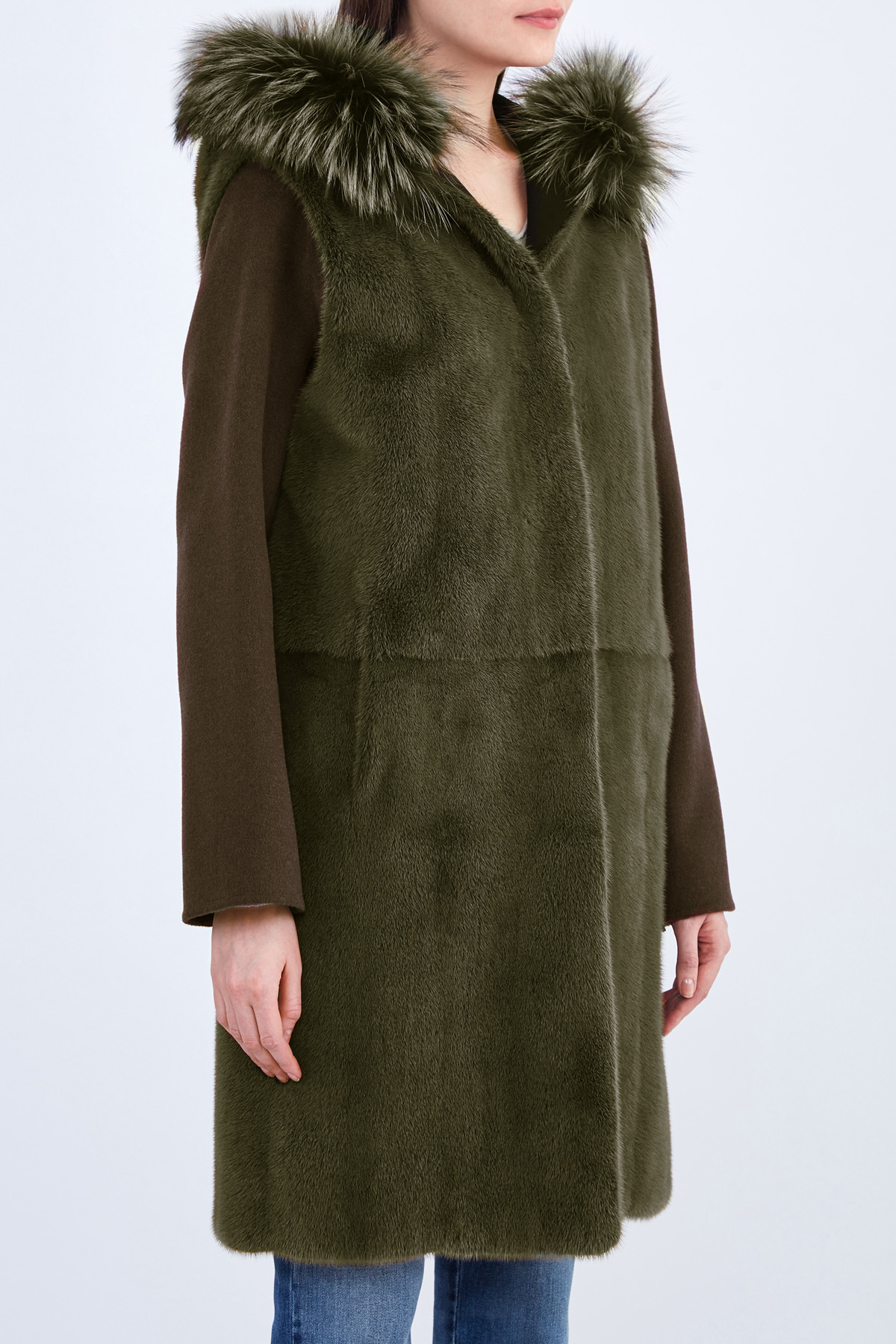 Пальто из шерсти со съемны жилетом из блестящего меха норки YVES SALOMON, цвет хаки, размер 34 - фото 3